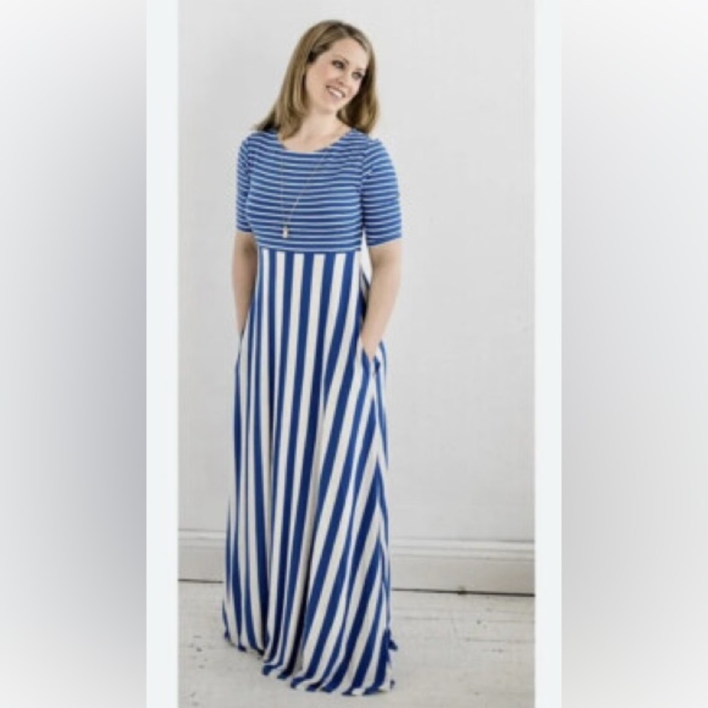 Matilda Jane Clothing Blue & White The Road Ahead Elbow-Sleeve Maxi Dress EUC